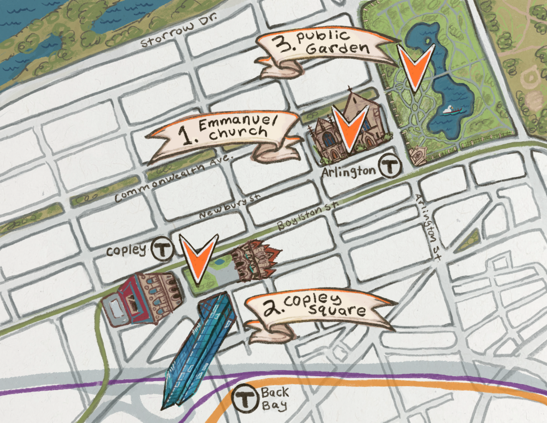 Street map of Boston between the Public Garden on the upper right and Copley Square on the bottom left, with Emmanuel Church in the middle.